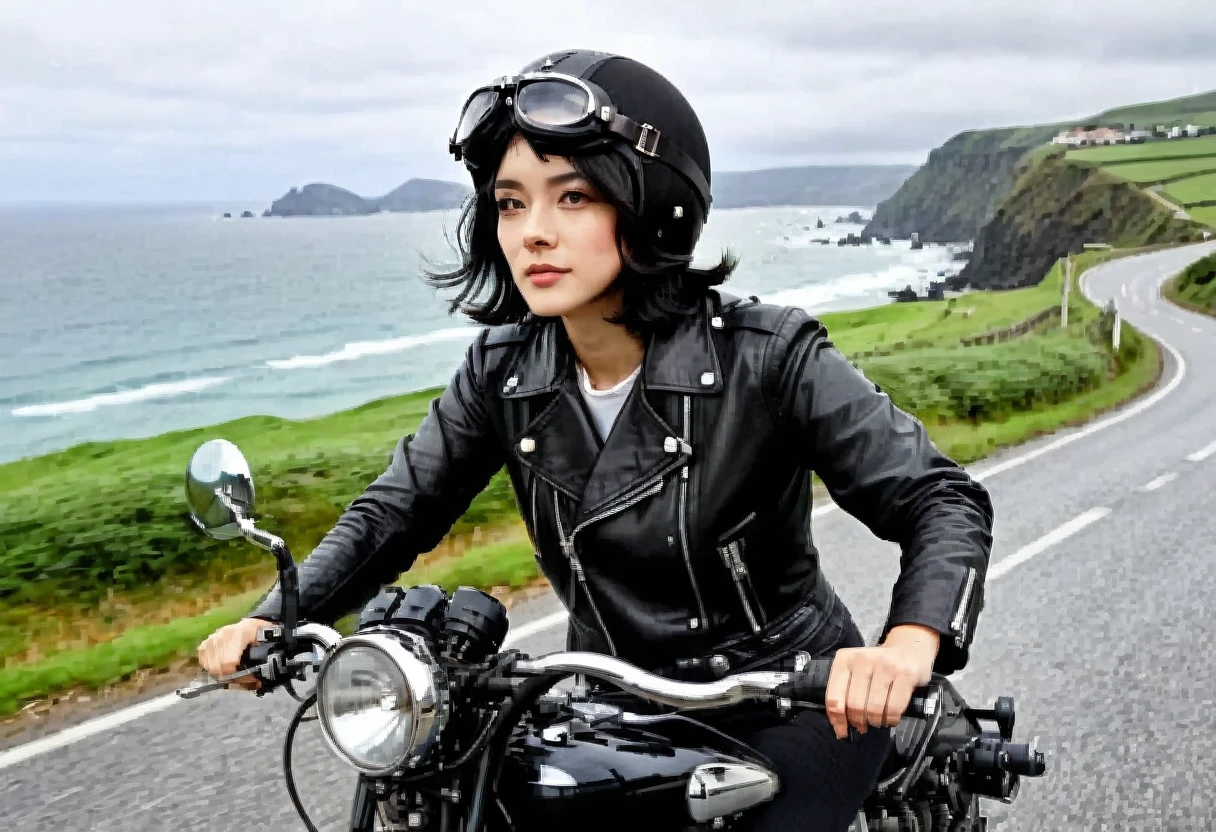 (クラシックRiding on motorcycle )、(Vintage Bikes、Bluff Superior SS100)、Photograph the entire bike、 (Riding on motorcycle:1.2), Beautiful young woman、1、Beautiful Face, Beautiful and delicate eyes, Black Hair, Short Bob Hair,  Classic Leather Jacket、Cromwell helmet with goggles、After the Rain、English countryside、 Coastal road with ocean view、Detailed Description、(Highest quality, masterpiece, High resolution)、8k、wallpaper
