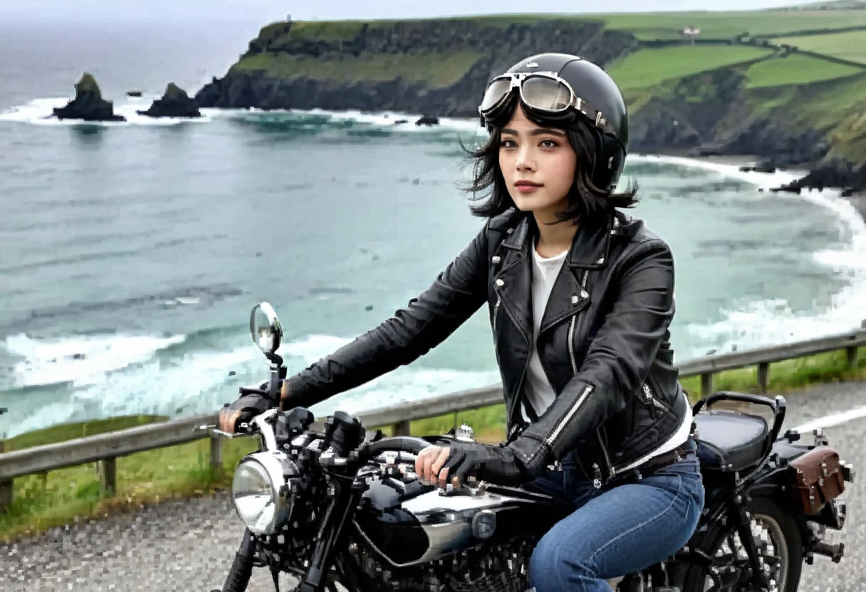 (クラシックRiding on motorcycle )、(Vintage Bikes、Bluff Superior SS100)、Photograph the entire bike、 (Riding on motorcycle:1.2), Beautiful young woman、1、Beautiful Face, Beautiful and delicate eyes, Black Hair, Short Bob Hair,  Classic Leather Jacket、Cromwell helmet with goggles、After the Rain、English countryside、 Coastal road with ocean view、Detailed Description、(Highest quality, masterpiece, High resolution)、8k、wallpaper
