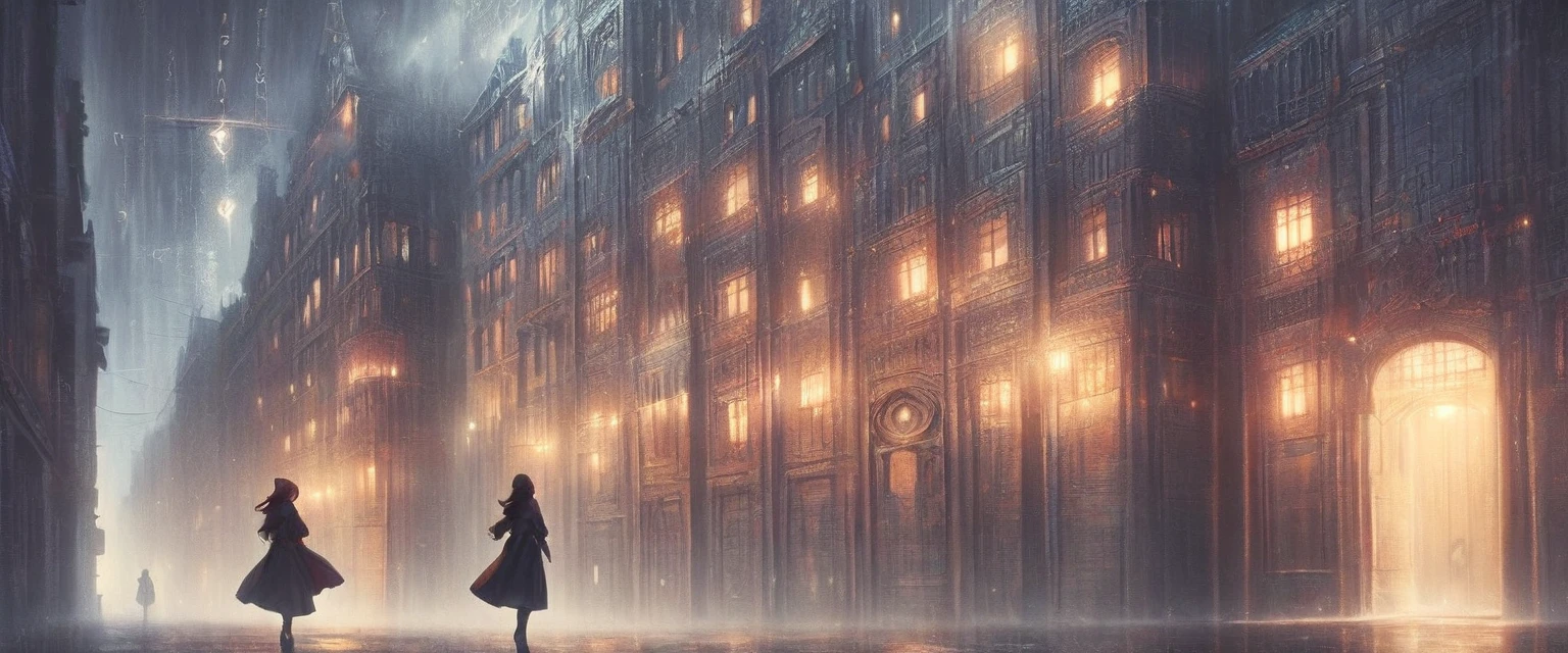 symmetrical image, old europe street, midnight, small hostel building, two floors, text says " HOSTEL BAIRON", hostel sandwitched beetween two high buildings, old london style, light rain, lightning, megapolis blurred lights on background, tourist bus driving away, girl standing close on right silloutte