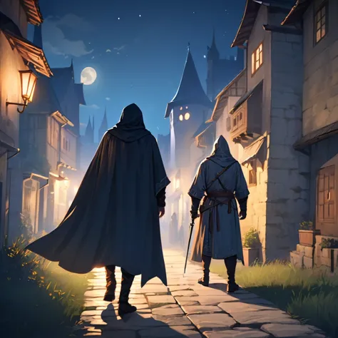 medieval europe，at night，an assassin in night clothes，lurking behind a noble man。mid-ground composition，game illustration style。