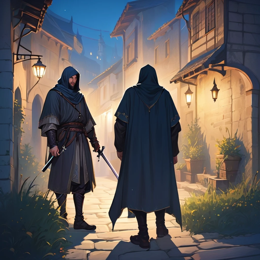 Medieval Europe，at night，An assassin in night clothes，Lurking behind a noble man。Mid-ground composition，Game illustration style。