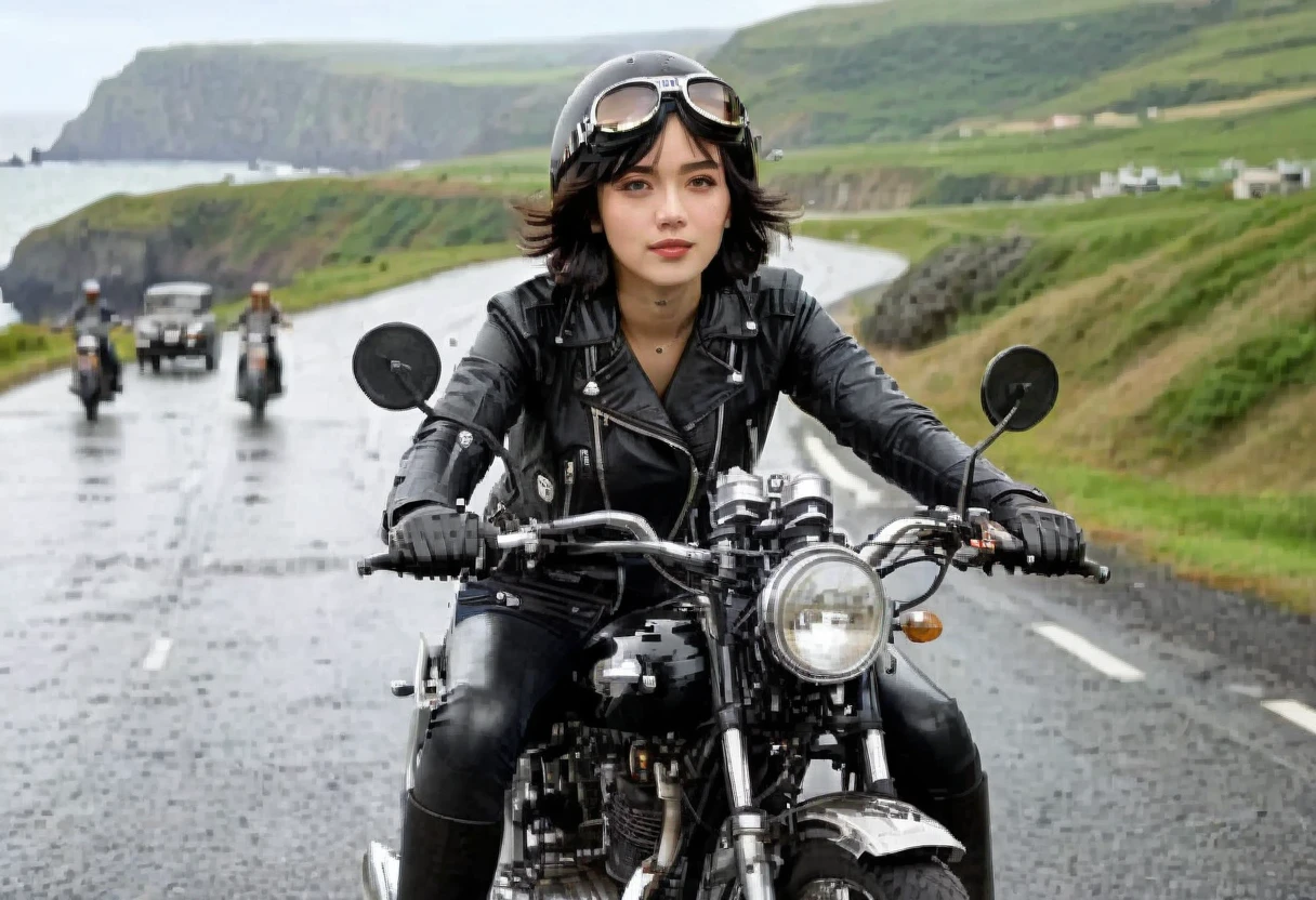 (クラシックRiding on motorcycle )、(Vintage Bikes、Bluff Superior SS100)、Photograph the entire bike、 (Riding on motorcycle:1.2), Beautiful young woman、1、Beautiful Face, Beautiful and delicate eyes, Black Hair, Short Bob Hair,  Classic Leather Jacket、Cromwell helmet with goggles、After the Rain、English countryside、 Coastal road with ocean view、Detailed Description、(Highest quality, masterpiece, High resolution)、8k、wallpaper
