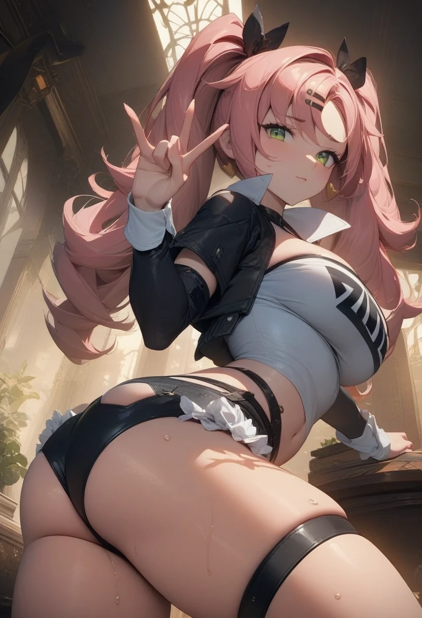 masterpiece,best quality,high resolution,8k,ultra HD,wallpaper,illustration,perfect face,cowboy shot,beautiful detailed eyes,extremely detailed face,perfect lighting,extremely detailed CG,perfect hands,perfect anatomy,perfect body,perfect hands,perfect fingers,1woman,full body,,(muscle fighter:1.1),pink twintails hair,light green eyes,large breasts,Medium ass,,black open jacket,black short hot pants,clothed,,collarbone,,looking at viewer,(sexy look pose:1.3),Steam,sweat,rich home,(Zenless Zone Zero character Nicole Demara),adult,