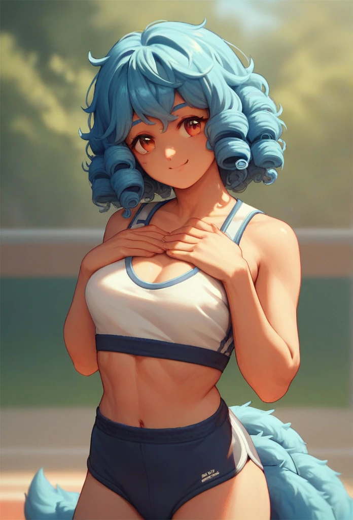 1 girl, Smile, Bangs, Double tail, Wavy curls，wearing sportswear，Standing in front of a quiet house，There are artistic sculptures behind，Put your hands on your chest，Delicate pixel graphics
