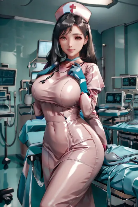 nurse uniform,hospital, latex nurse suit,nurses,busty,elbow gloves,labcoat,black hair woman,pink eyes , gigantic ,medical instru...