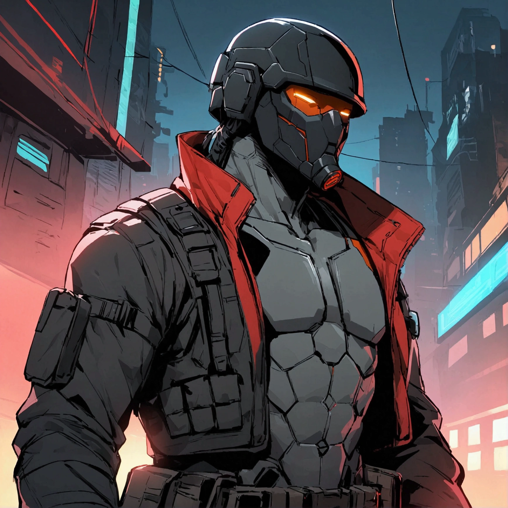 high detailed, Male, full-face helmet. matte black helmet with a smooth, curved surface, plain helmet, grey bodysuit tight shirt. webbing rig, grey cargo pants, V shaped lenses. Black Jacket, Black and red jacket, Open jacket. Halfbody view, mercenary, black jacket, cyberpunk, tactical soldier, webbing rig, Cyberpunk, tactical gear, cyberpunk, Male, Man, Masculine man, Deathstroke helmet