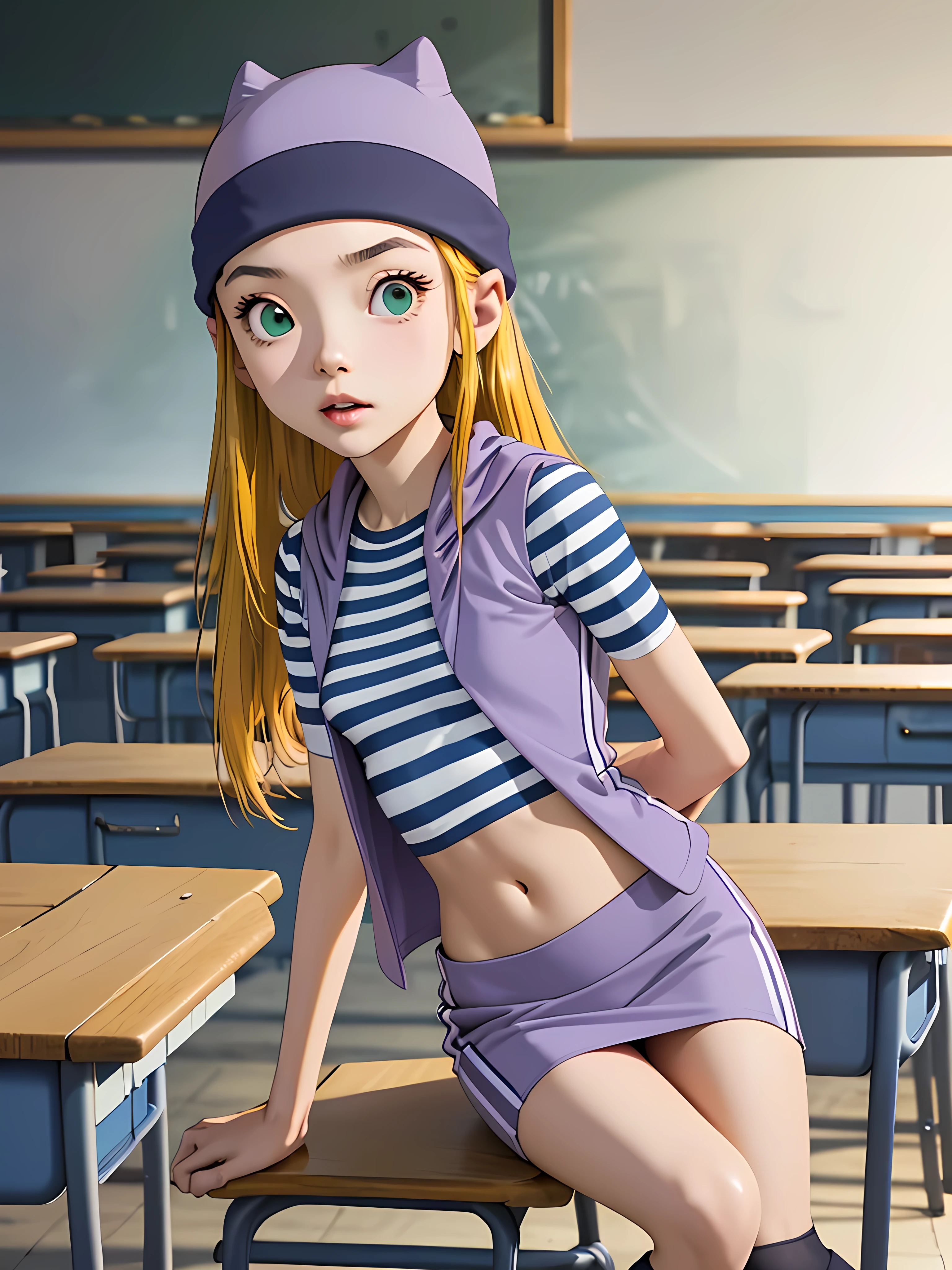 (masterpiece, best quality), 1girl, izumi Orimoto, indoors, classroom, seated, green eyes, blonde hair, long hair, purple beanie, purple vest, purple miniskirt, blue white striped shirt, long purple socks, purple vest, striped shirt, navel shirt, small size breast, cute pose