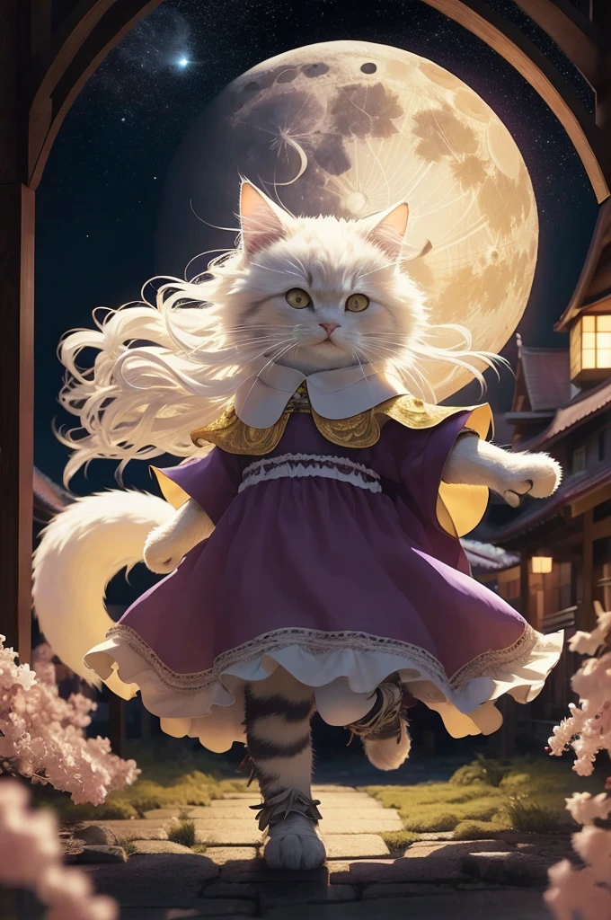 HDR,uhd,8k,Highly d surrounded by floating sakura, yellow full moon, beautiful detailed dark midnight sky, messy white long hair,
Old castle can be seen　An anthropomorphic cat wearing a purple moist dress
