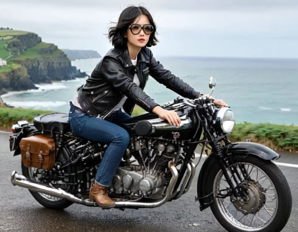 (クラシックRiding on motorcycle )、(Vintage Bikes、Bluff Superior SS100)、Photograph the entire bike、 (Riding on motorcycle:1.2), Beautiful young woman、1、Beautiful Face, Beautiful and delicate eyes, Black Hair, Short Bob Hair,  Classic Leather Jacket、With goggles、After the Rain、English countryside、 Coastal road with ocean view、Detailed Description、(Highest quality, masterpiece, High resolution)、8k、wallpaper
