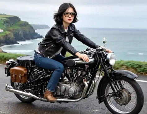 (クラシックriding on motorcycle )、(vintage bikes、bluff superior ss100)、photograph the entire bike、 (riding on motorcycle:1.2), beauti...