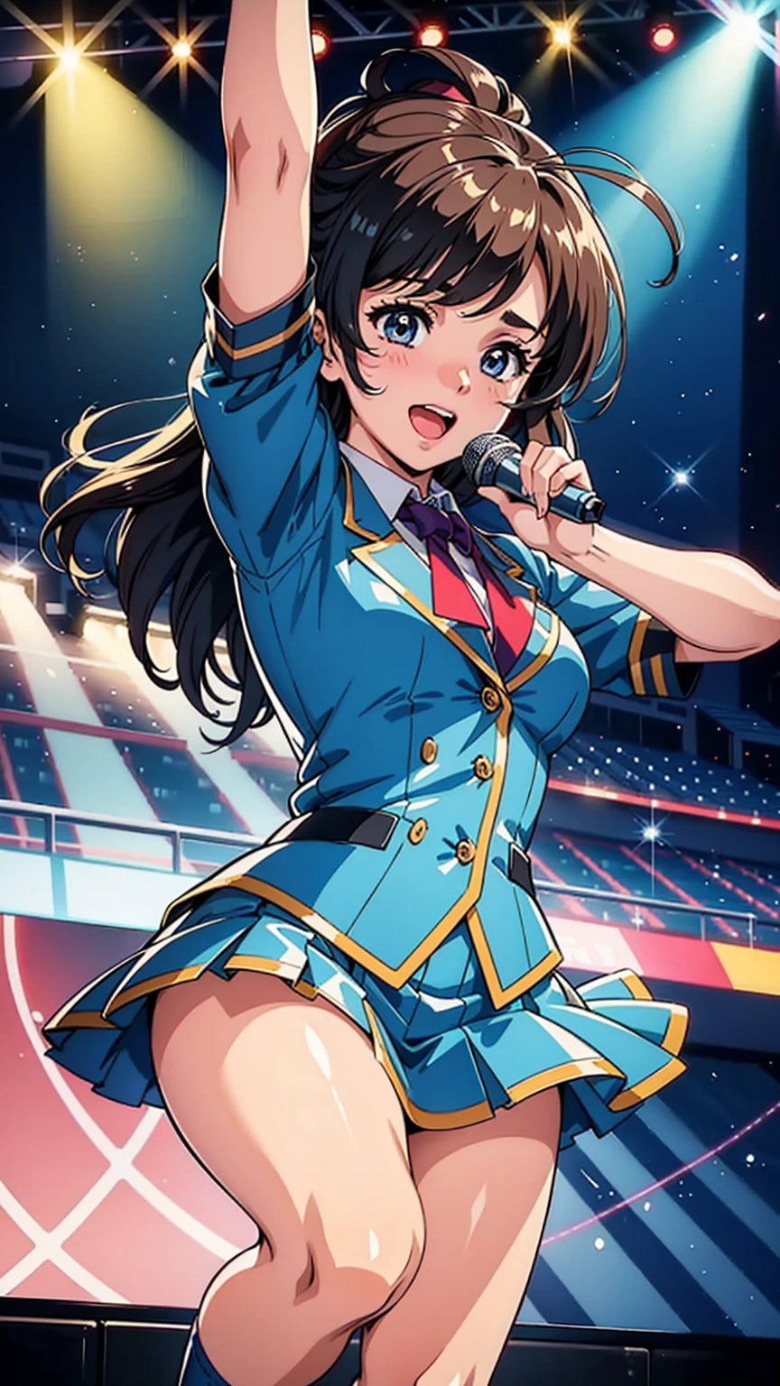 A 3D animation-style illustration focusing on a high school girl singing karaoke. The character is shown up close, wearing a school uniform and holding a microphone, singing with passion and joy. The background is blurred with colorful lights and decorations, emphasizing the girl as the central figure. Her expression is lively and full of energy, capturing the excitement of the moment in a style similar to Pixar or DreamWorks animation.