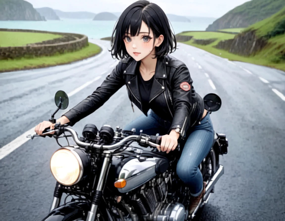 (クラシックRiding on motorcycle )、(Vintage Bikes、Bluff Superior SS100)、Photograph the entire bike、 (Riding on motorcycle:1.2), Beautiful young woman、1、Beautiful Face, Beautiful and delicate eyes, Black Hair, Short Bob Hair,  Classic Leather Jacket、With goggles、After the Rain、English countryside、 Coastal road with ocean view、Detailed Description、(Highest quality, masterpiece, High resolution)、8k、wallpaper
