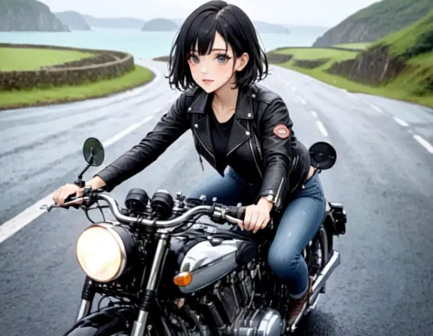 (クラシックriding on motorcycle )、(vintage bikes、bluff superior ss100)、photograph the entire bike、 (riding on motorcycle:1.2), beauti...