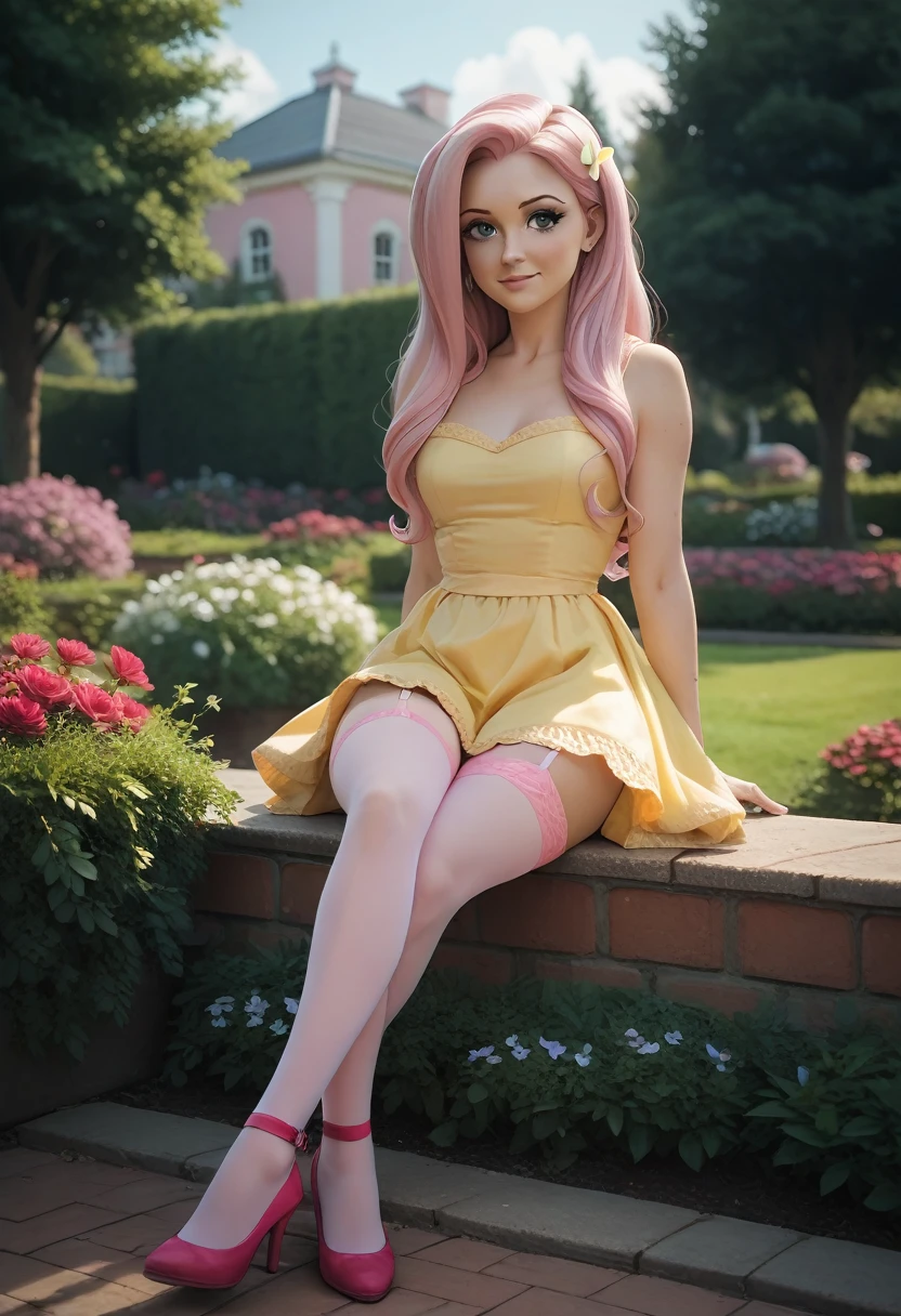 fluttershy from the movie "Mlp equestria girls",black fur, by the wide, seductive look, yellow dress,  pink thigh high stockings, garter belt in each stocking, looking at the viewer, sitting in a garden.