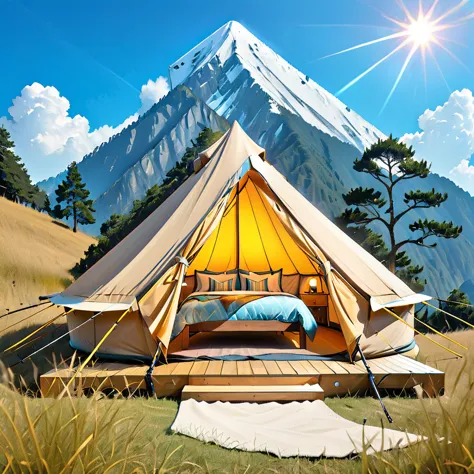 glamping、symbol、three-dimensional、shine、shine、gold、the background is blue sky