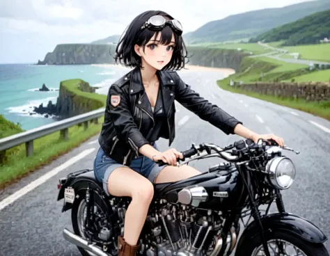 (クラシックriding on motorcycle )、(vintage bikes、bluff superior ss100)、photograph the entire bike、 (riding on motorcycle:1.2), beauti...