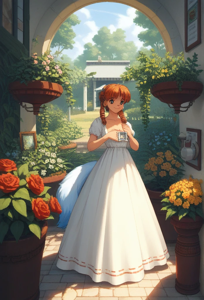 1 girl, Smile, Bangs，garden，Double tail, curls，apparel，Standing in front of a quiet house，There are artistic sculptures behind，Put your hands on your chest，Delicate pixel graphics，Pure Love Card，When notes、90s game girl，90s gaming style
