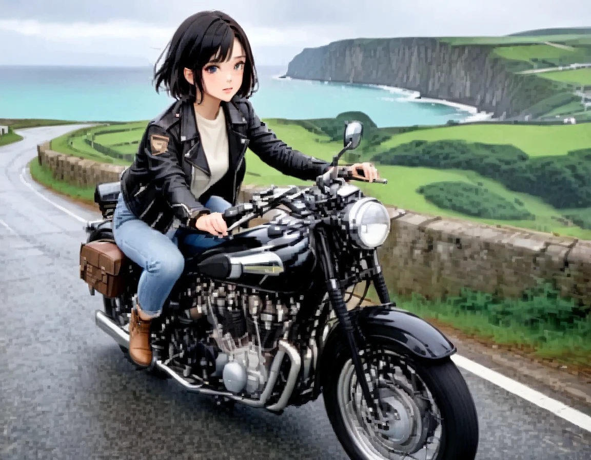 (クラシックRiding on motorcycle )、(Vintage Bikes、Bluff Superior SS100)、Photograph the entire bike、 (Riding on motorcycle:1.2), Beautiful young woman、1、Beautiful Face, Beautiful and delicate eyes, Black Hair, Short Bob Hair,  Classic Leather Jacket、With goggles、After the Rain、English countryside、 Coastal road with ocean view、Detailed Description、(Highest quality, masterpiece, High resolution)、8k、wallpaper
