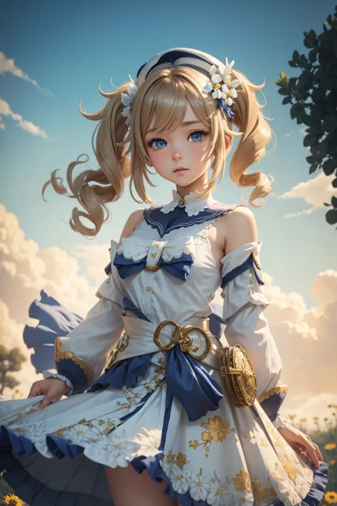 {charming anime girl with wavy, light brown hair adorned with white floral accessories and a navy blue hat with golden accents, ...