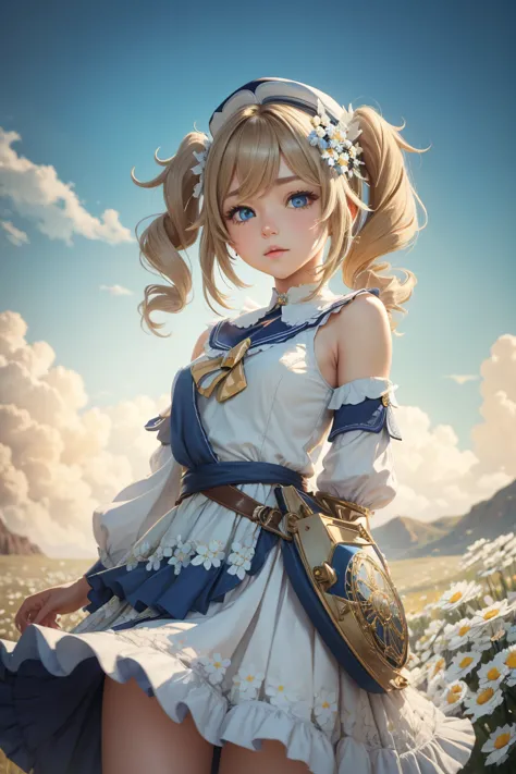 {charming anime girl with wavy, light brown hair adorned with white floral accessories and a navy blue hat with golden accents, ...