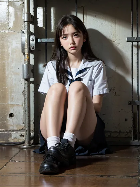 (((facing forward)))、 (((high school girl sitting on the floor of a iron-barred prison)))、((she has handcuffs on her wrists))、op...