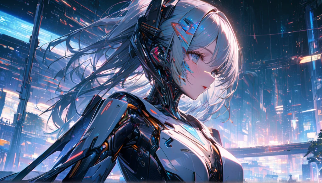 A beautiful futuristic cyborg girl with neural network hair, parted lips, Futurism, Ultra-high resolution, Super Detail, Highest quality, 8k , ,Dynamic Angle, Morning sunshine