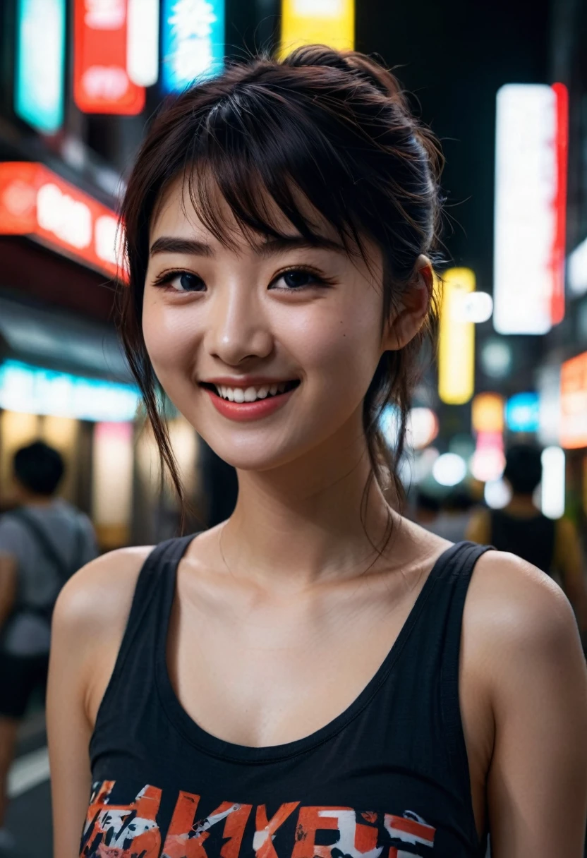 A girl in Tokyo street at night, detailed cityscape, city lights, upper body, tank top, beautiful smile, (best quality, 4k, 8k, highres, masterpiece:1.2), (realistic, photorealistic, photo-realistic:1.37), cinematic lighting, vivid colors, dark moody atmosphere, street fashion, urban environment, neon lights, intricate details, sharp focus, professional photography