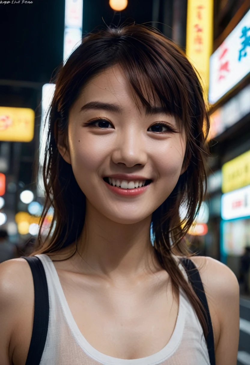 A girl in Tokyo street at night, detailed cityscape, city lights, upper body, tank top, beautiful smile, (best quality, 4k, 8k, highres, masterpiece:1.2), (realistic, photorealistic, photo-realistic:1.37), cinematic lighting, vivid colors, dark moody atmosphere, street fashion, urban environment, neon lights, intricate details, sharp focus, professional photography