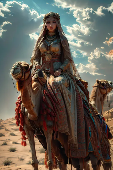 a beautiful girl riding a camel in the desert, long black wavy hair, wearing arabic clothes with a veil and jewelry, outdoors un...