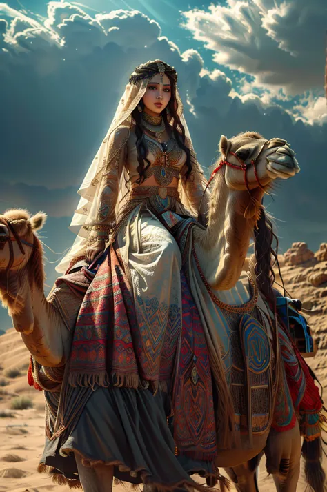 a beautiful girl riding a camel in the desert, long black wavy hair, wearing arabic clothes with a veil and jewelry, outdoors un...