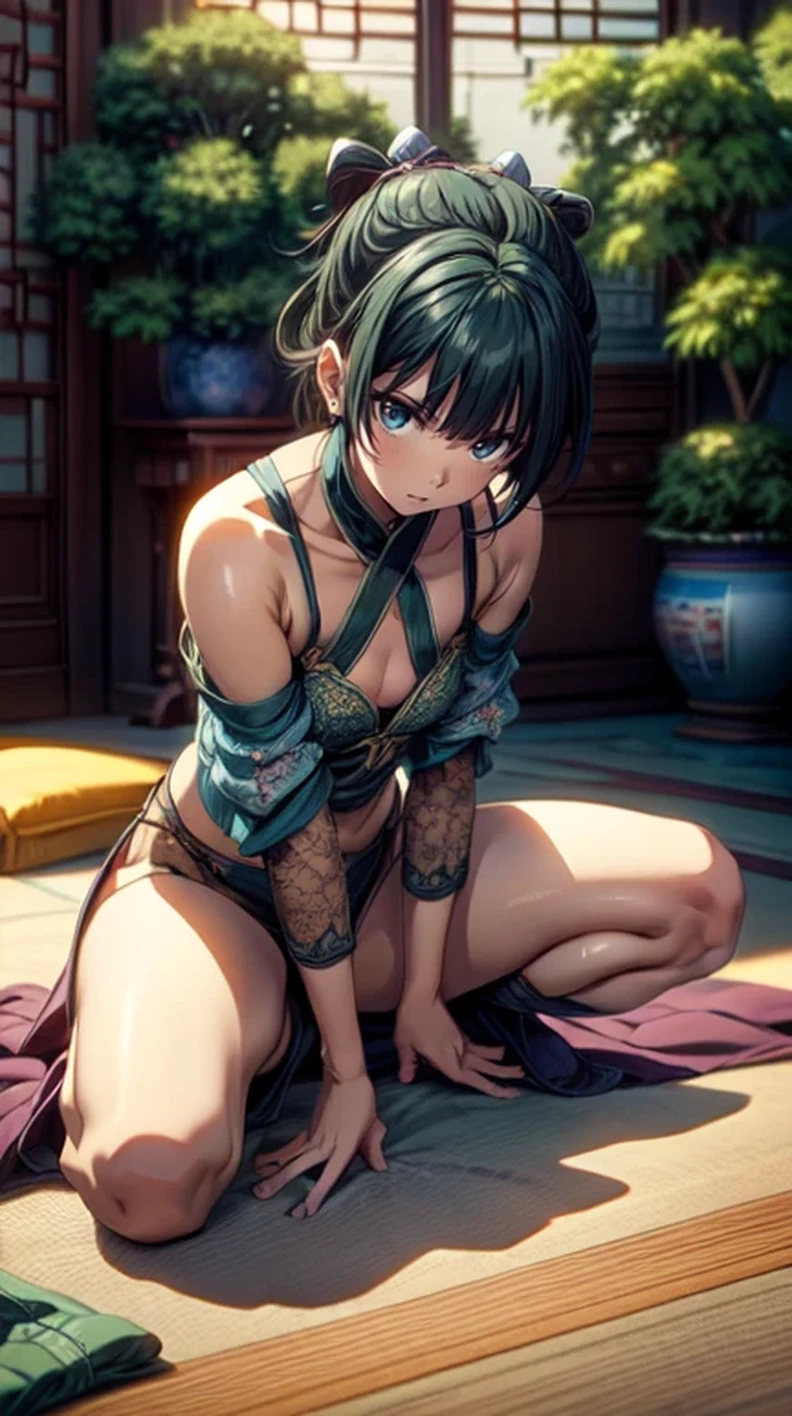 (Masterpiece, High Quality, Top quality, High-Detailed, Detailed CG, Cinematic Shadow, Cinematic Scene, Beautiful Detailed Eyes, Ultra Resolution, Depth of Field, High Resolution, Masterpiece: 1.2), Anime Art style, Very Detailed, Dynamic Angle, Detailed Green Hair, Detailed Blue Eyes, Purple Eye, Slim Body, Sparkling Eyes, Sparkling Detailed Eyes, Hair Accessory, Earrings, Slightly Blunt Bangs, Looking at the Audience, Cute, Five Finger, (Angry Expression:1.0), (Ancient Chinese Undergarments), (Chinese Undergarments), (Chinese Undergarments), (Chinese Undergarments Lingeries), Lingeries, Underwear, Good Composition, Bared Shoulder, Legs, Spread Legs, Thigh, Small Breasts, Small Size Breasts, Blur Background, Chinese Architectures