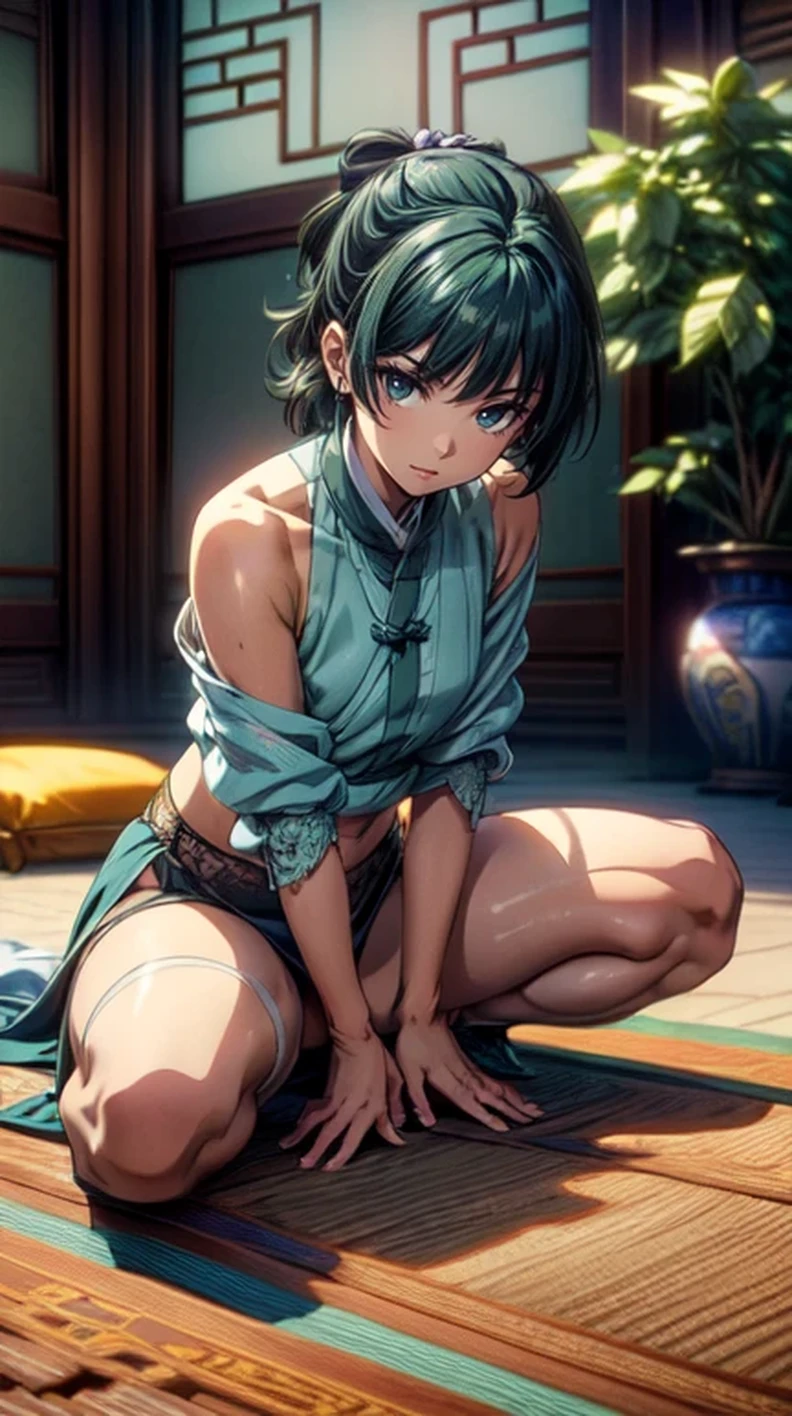 (Masterpiece, High Quality, Top quality, High-Detailed, Detailed CG, Cinematic Shadow, Cinematic Scene, Beautiful Detailed Eyes, Ultra Resolution, Depth of Field, High Resolution, Masterpiece: 1.2), Anime Art style, Very Detailed, Dynamic Angle, Detailed Green Hair, Detailed Blue Eyes, Purple Eye, Slim Body, Sparkling Eyes, Sparkling Detailed Eyes, Hair Accessory, Earrings, Slightly Blunt Bangs, Looking at the Audience, Cute, Five Finger, (Angry Expression:1.0), (Ancient Chinese Undergarments), (Chinese Undergarments), (Chinese Undergarments), (Chinese Undergarments Lingeries), Lingeries, Underwear, Good Composition, Bared Shoulder, Legs, Spread Legs, Thigh, Small Breasts, Small Size Breasts, Blur Background, Chinese Architectures