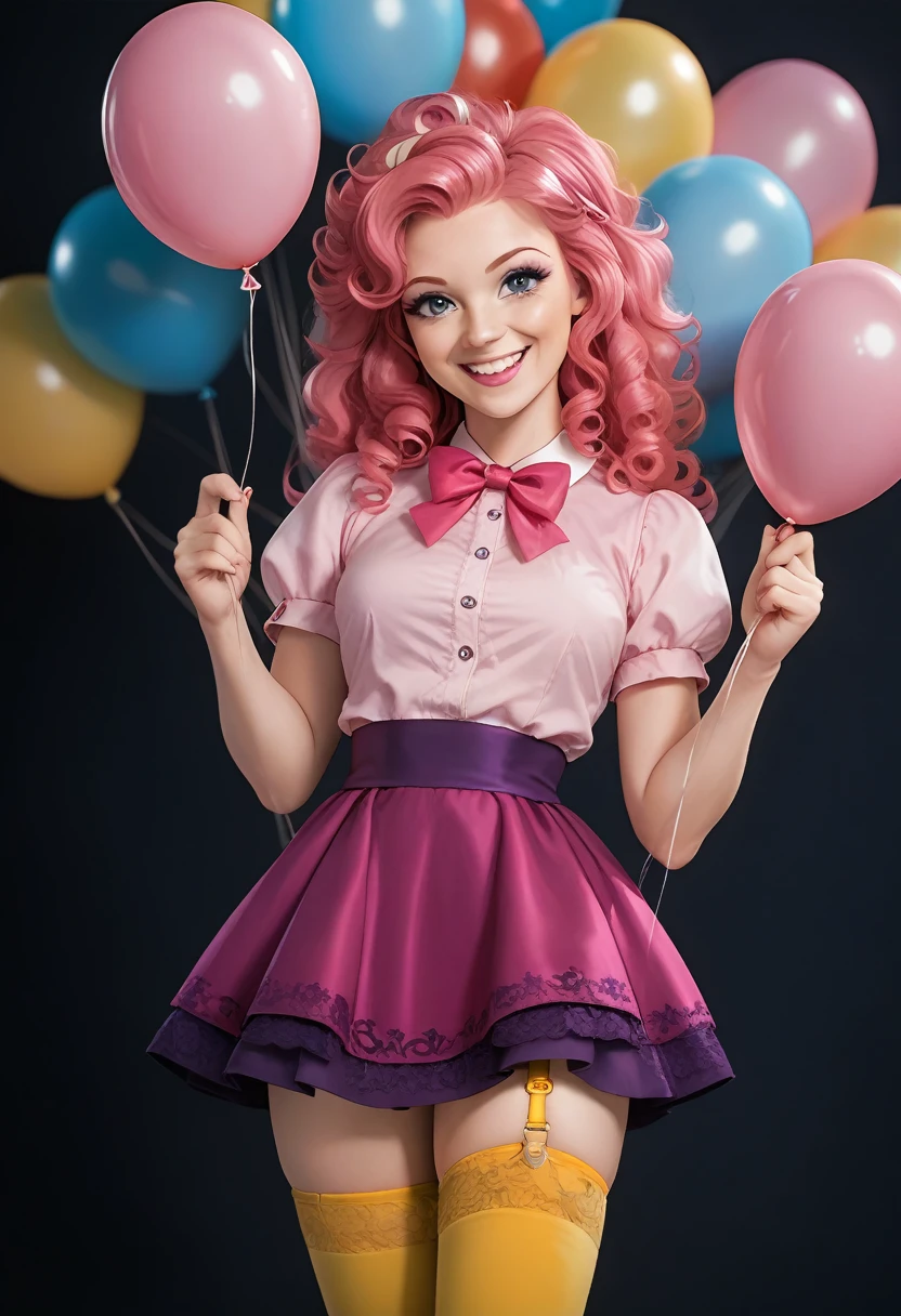 Pinkie from the movie "Mlp equestria girls",pink fur, very curly hair,  seductive look, pink blouse, purple skirt, yellow thigh high stockings, garter belt in each stocking, looking at the viewer, pink skin, holding a balloon, happy, in a party.