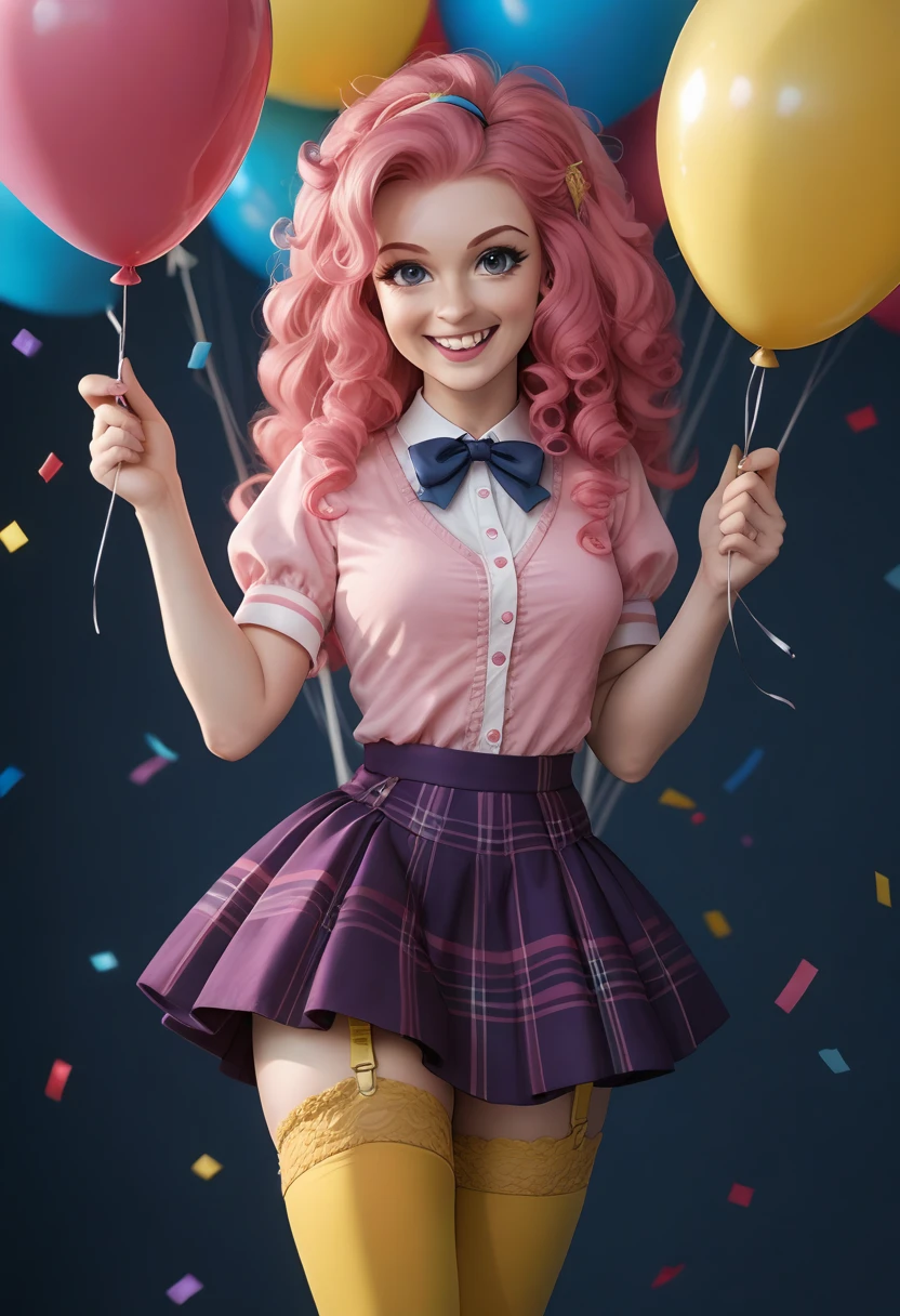 Pinkie from the movie "Mlp equestria girls",pink fur, very curly hair,  seductive look, pink blouse, purple skirt, yellow thigh high stockings, garter belt in each stocking, looking at the viewer, pink skin, holding a balloon, happy, in a party, confetti in the background . 