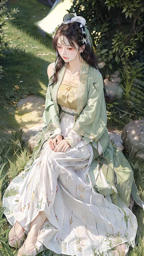 garden,on the grass,an oriental girl,long hair shawl,miansha on the face,big breasts,earrings,wearing an ancient han dynasty min...