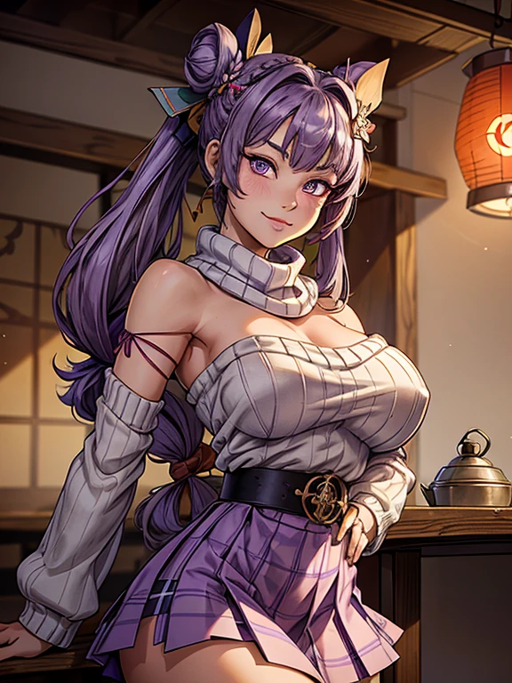 (Realistic painting style:0.9), masterpiece, best quality,  absurdres, looking at viewer, solo, keqing (lantern rite) (genshin impact), keqing (genshin impact), hair bun, skirt, scarf, purple sweater, white skirt, purple hair, sweater, twintails, purple eyes, diamond-shaped pupils, hair ornament, bare shoulders, smile, breasts, cone hair bun, long hair, belt, double bun, long sleeves, bangs, bow, hair flower, hair bow,ribbon, hair ribbon, braid, plaid scarf, plaid, off shoulder