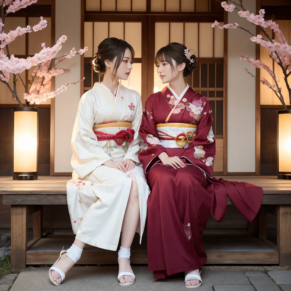 (1 woman), short bob, 2, Japanese, brown eyes, brown hair, slim figure, flat chest, rosy cheeks, flushed face, happy, happiness
Break
//Fashions 
Japanese Elegance: Cherry Blossom Night Gala
Start with a lustrous deep red kimono. The fabric is adorned with delicate gold thread embroidery of cherry blossom petals, with a gradient effect towards the hem. The obi is black with gold embroidery depicting the moon and constellations, representing the night sky.
BREAK
Hair is styled in an elegant traditional Japanese updo, decorated with ornamental combs and hairpins. The hairpins feature small tinkling bells that produce a delicate sound with every movement.
BREAK
Makeup consists of a light application of white powder foundation, with lips painted a deep red. Eyes are subtly enhanced with gold eyeshadow, creating a mystical atmosphere.
BREAK
Accessories are minimal. A single pearl necklace adorns the neck, while a thin gold bracelet graces one wrist.
BREAK
Feet are clad in white tabi socks paired with zori sandals featuring red straps, accentuating the Japanese aesthetic.
BREAK
The background showcases fully bloomed cherry blossoms at night, illuminated by a full moon. Cherry blossom petals dance in the wind, creating a fantastical ambiance.
BREAK
This ensemble embodies a fusion of traditional Japanese beauty and modern elegance, perfect for a nighttime gala.
