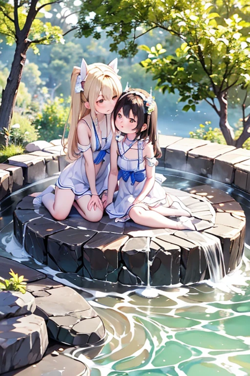 (8k, Highest quality, masterpiece:1.2),cute,cute女の子たち,Couple girls,2 people，kissをする，mesugaki,Fantasy_world,kiss,Open-air bath，White liquid