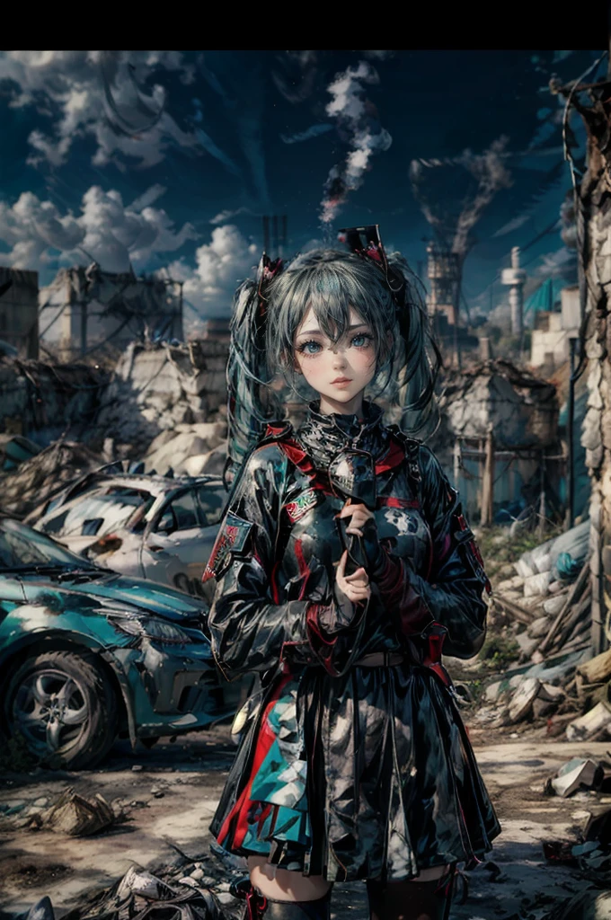 (masterpiece), 1girl, miku hatsune, beautiful makeup, serious face, expressive eyes, holding a Palestine flag, shirt with Palestine logo, , warrior pose, on rooftop, ruins, debris, destroyed city, smoke, ashes, 3D Western Anime Style,