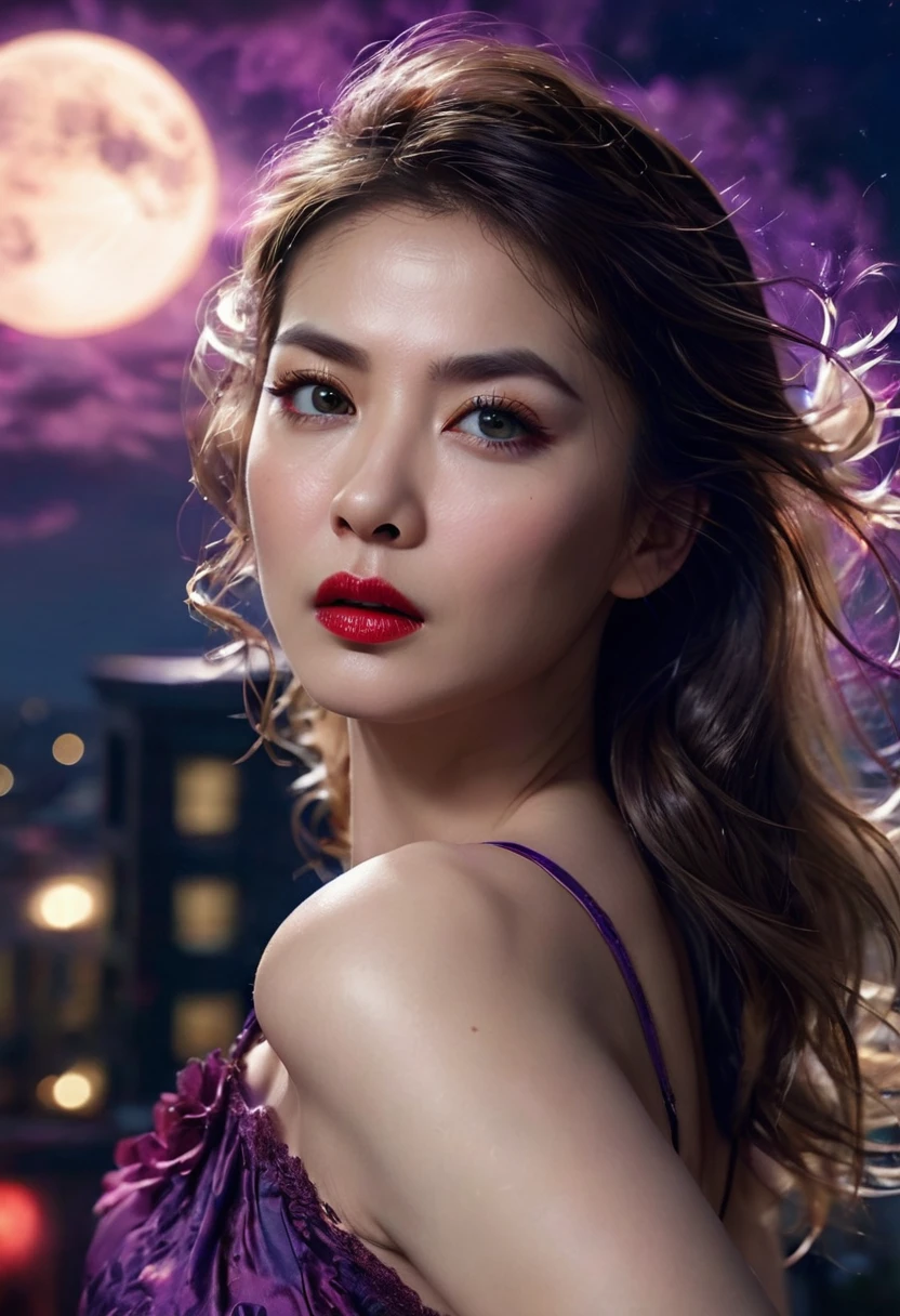 masterpiece, best quality, a sexy mature women, red lips, (colorful),(finely detailed beautiful eyes and detailed face),cinematic lighting,bust shot,extremely detailed CG unity 8k wallpaper,wavy hair,solo,angry face,purple lace nightgown dress,((flying petal)), sky, cloudy_sky, building, moonlight, moon, night, (dark theme:1.3), light, fantasy,