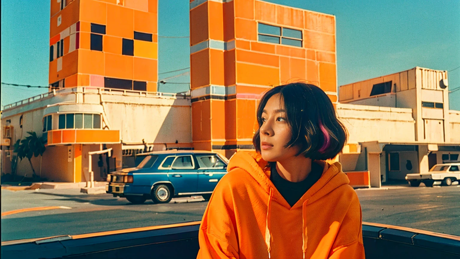 ((long cinematic photoshot)),best quality,masterpiece,ultra high resolution,(Realistic),Original Photo, 1Girl, light leak,wear ((orange oversize hoodie)),black bob hairstyles,background ((80's colourful pastel mondrian architecture)),palm trees,sunny,summer, loooking of the camera, casual photo, los Angles vibes,(surreal:1.2),(very detailed:1.1) 