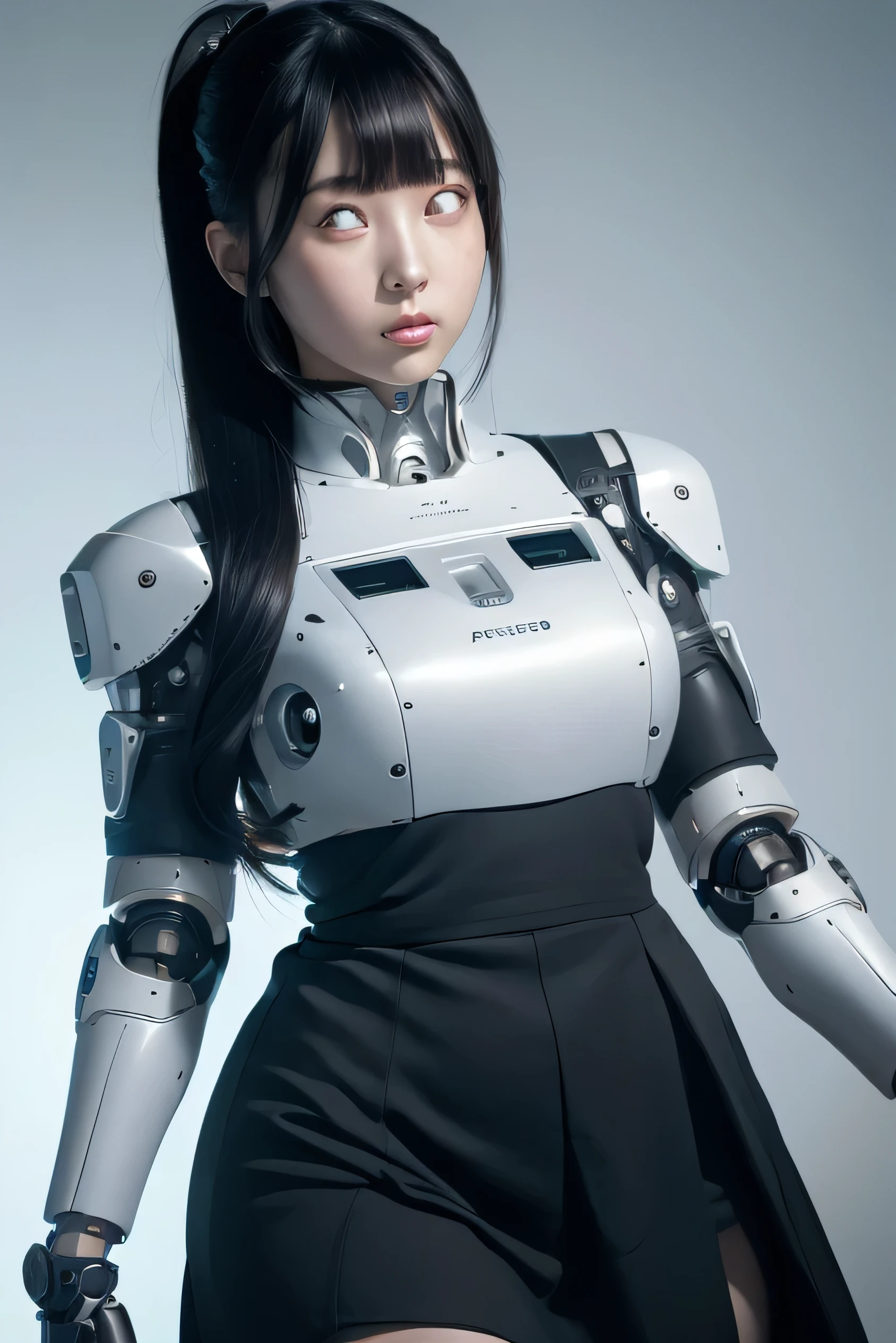 masterpiece, best quality, extremely detailed, Japaese android girl,Plump , control panels,android,Droid,Mechanical Hand, Robot arms and legs, Black hair,Blunt bangs,perfect robot girl,long tube,thick cable connected her neck,android,robot,humanoid,cyborg,japanese cyborg girl ,future laboratory,connecting a cable between the legs,skirt, high socks,white eyes