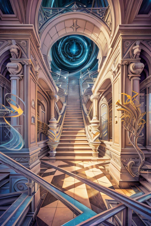  ( Surrealism ) a Surreal scene involving hundred of staircases that form impossible angles, stairwells criss cross from all directions in non euclidean geometry, and abstract sitars that are illusions , confusing chaos, ethereal and divine, photorealistic, 8k, hyper detailed, dramatic lighting, vibrant colors, surreal and abstract, 