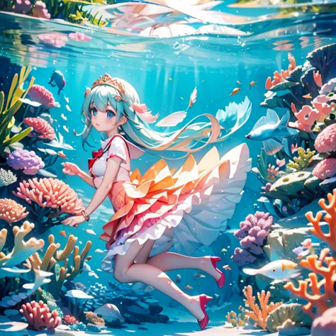 seabed、school of fish、coral、mermaid、fisheye lens、beautiful girl、prism、profile