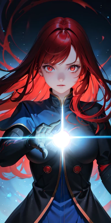 One girl, Red hair, Golden Eyes, Fire and Ice Witch,Blue flame effect on the right hand and red flame effect on the left hand, Particles of light, light, wallpaper, High Contrast, colorful,