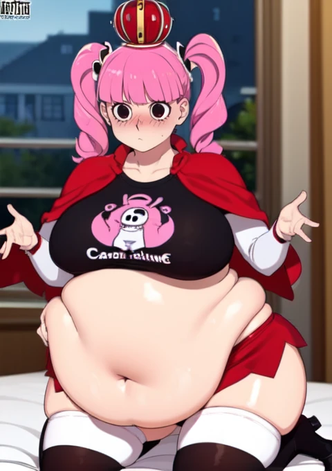 (masterpiece, best quality), 1girls, big belly, blurry background, huge belly, art by kipteitei, round belly, chubby, curvy, pink pony tails, ((red frilly mini skirt)), (( wearing black and white horizontally striped thigh highs)),  castle background, belly bursting out of white long sleeved logo reglan tee shirt ,((( white long sleeve tee shirt with logo))), (((wearing a black and red crown))) , enormous belly, fat belly, thicc, bigger belly, really big belly, jiggly belly, giant huge belly, big enormous belly, ((((gigantic belly)))), bloated belly, fat belly, ginormous big belly, expanding big belly, sfw, safe for work, kneeling on bed, sfw (safe for work), perona, blushing,she is embarrassed ((her belly is being grabbed and played with by floating hands)), she is wearing tall red laced up boots, (((wearing red capelette draped over her shoulders with wool on the edges))), belly grab and belly hang 