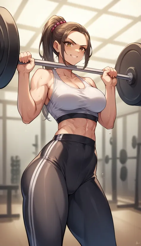 score_9, score_8_up, score_7_up, breasts, a dynamic image of a young woman in a gym setting. she has an athletic build with a de...