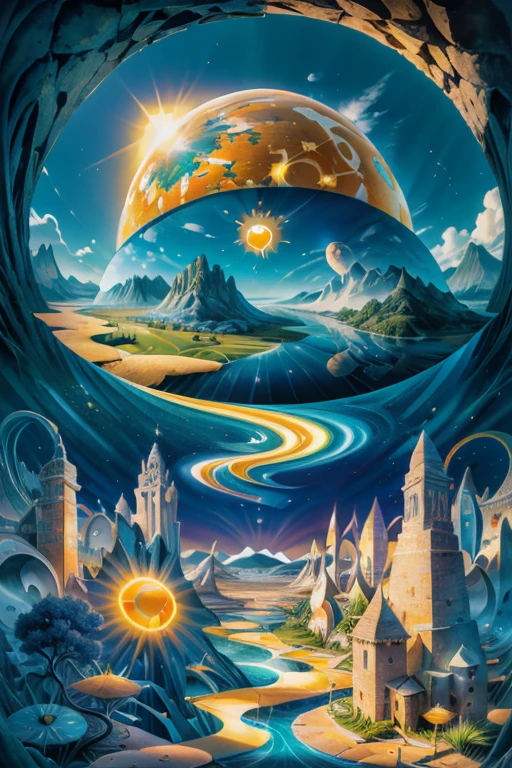  ( Surrealism ) a Surreal scene involving a sun crying as it's tears form rivers for the surreal village of impossible angles,  non euclidean geometry, and abstract sitars that are illusions , confusing chaos, ethereal and divine, photorealistic, 8k, hyper detailed, dramatic lighting, vibrant colors, surreal and abstract, 