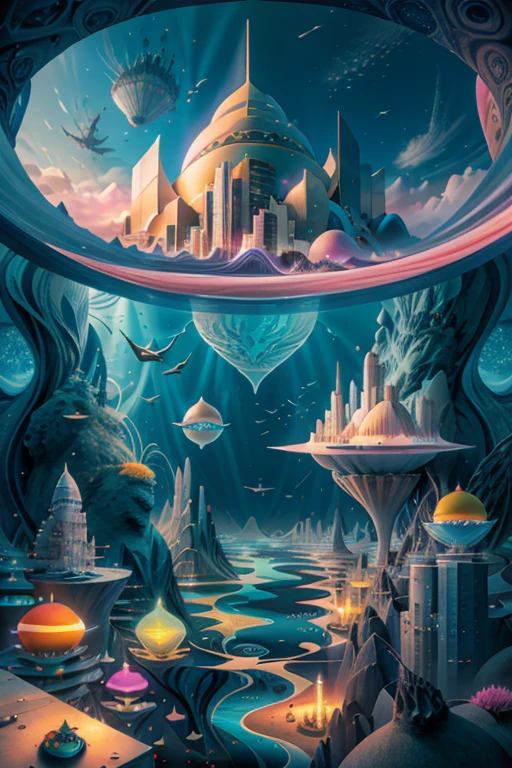  ( Surrealism ) a Surreal scene involving a floating city in the sky and a city under the sea,  non euclidean geometry, and abstract sitars that are illusions , confusing chaos, ethereal and divine, photorealistic, 8k, hyper detailed, dramatic lighting, vibrant colors, surreal and abstract, 