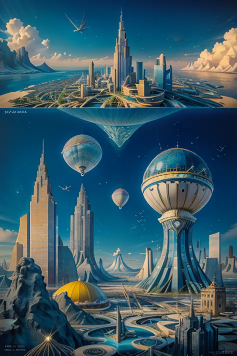 ( surrealism ) a surreal scene involving a floating 1900's city in the sky and a 1960's city under the sea, non euclidean geomet...